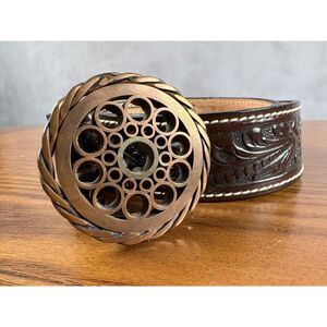 Justin Kids Leather Belt Brown Western Concho Tooled Size 34